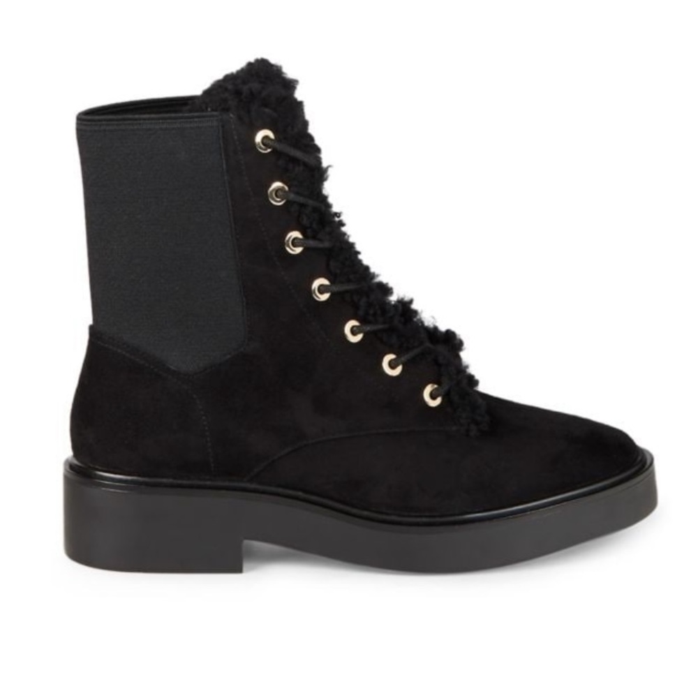New Stuart Weitzman Henley Chill Suede & Shearling Combat Boots Size 37.5 - Picture 2 of 13